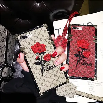 

Luxury metal square silicone Embroidery Rose Lanyard Leather Strap Phone Case For Xiaomi 9 Redmi 7 Note7 Redmi K20 Cover
