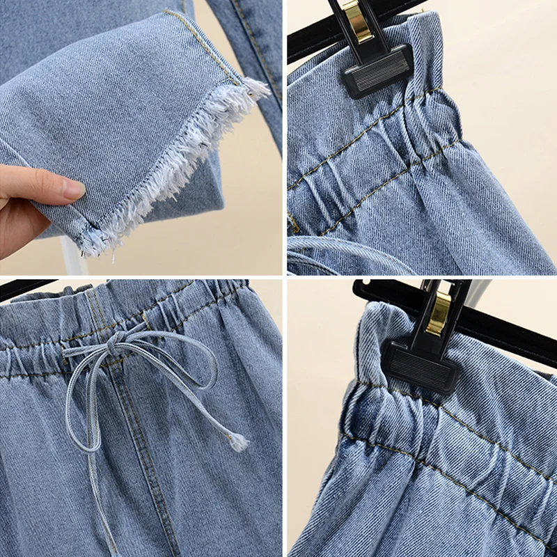 S-XXL корейские повседневные джинсовые штаны с высокой талией для женщин и девочек, свободные штаны-шаровары с эластичной резинкой на талии, женские брюки