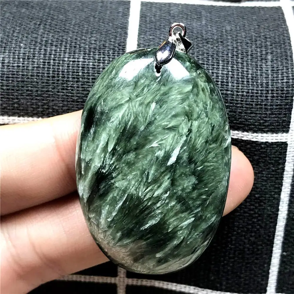 

Top Natural Green Seraphinite Necklace Pendant For Woman Men 45x30x10mm Beads Crystal 925 Silver Egg Shape Stone Jewelry AAAAA