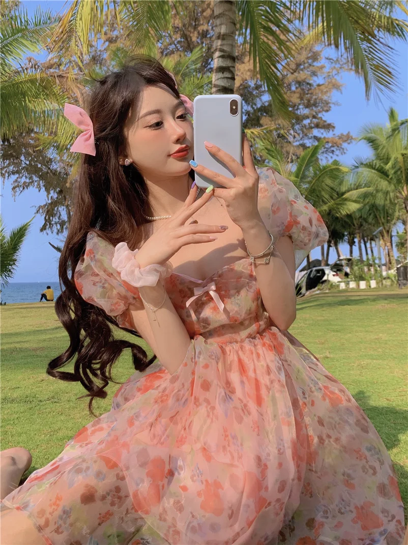 Meninas de Verão Sexy Babados Mulheres Puff Mangas Vestido Quadrado Pescoço Arco Cintura Fina Vestidos Florais Novo 2021 Princesa Plissados 3 Moda Feminina