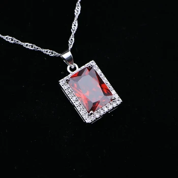 

925 Sterling Silver Chain Necklace Square Red Garnet White Cubic Zirconia Slide Pendant For Women Wedding/Engagement/Party/Gifts