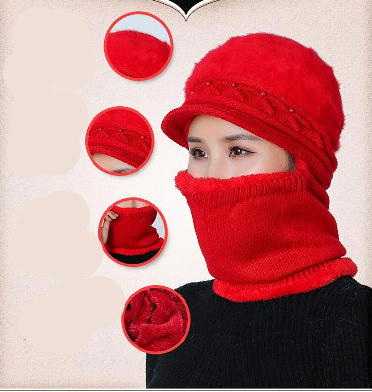 Женская шапка Skullies Beanies, зимняя шапка с жемчугом и кроличьим мехом, вязаная шапка, шарф, женские шапки для женщин, шерстяная шапочка, шапка, маска, шапка