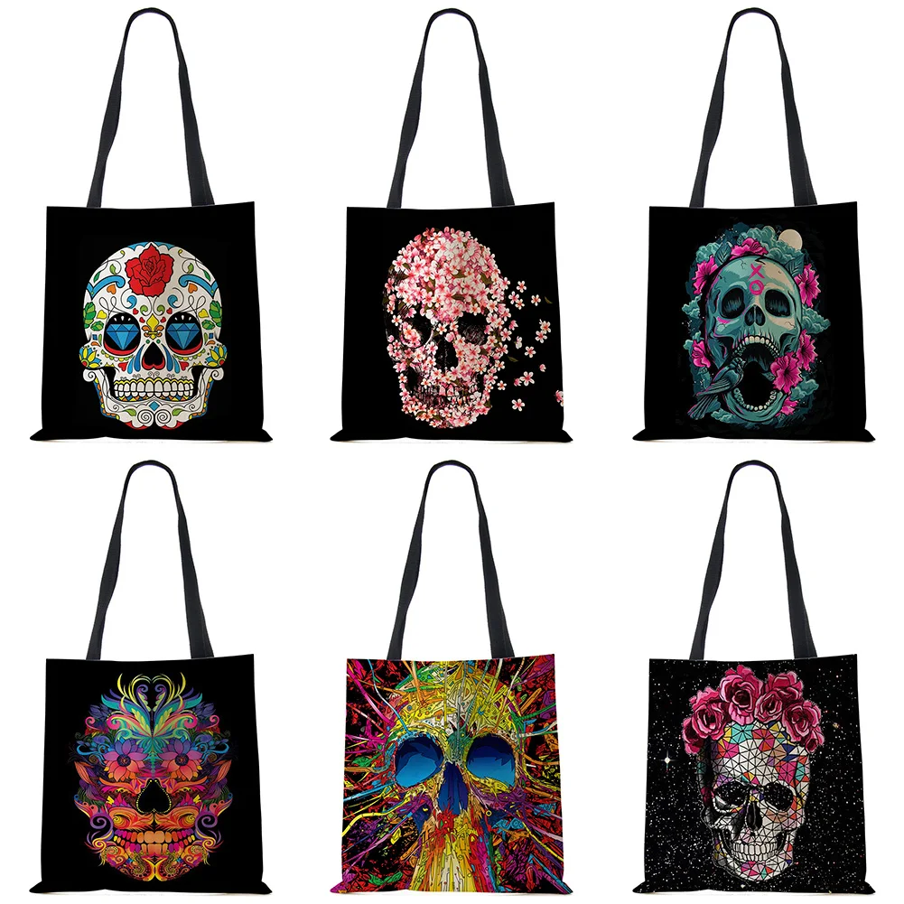 Floral Skull Print Linen Tote Bag Reusable Shoulder Bags Folding Women Casual Handbags Lady Fabric Totes | Багаж и сумки