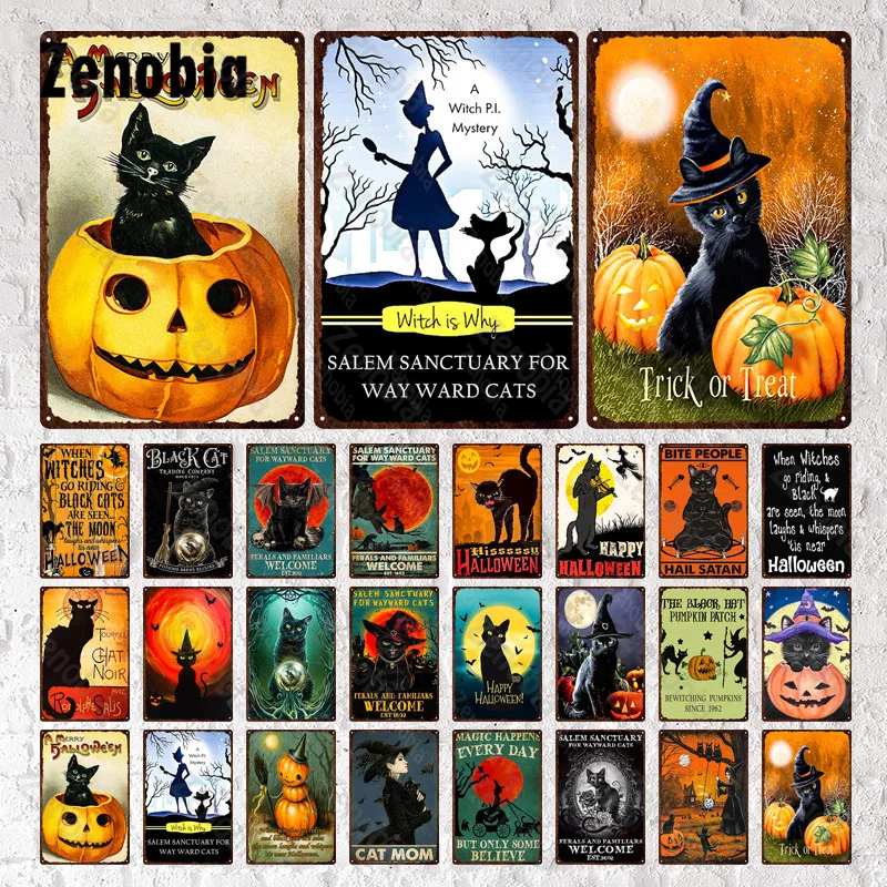 

Black Cat Metal Sign Wall Decor Halloween Pumpkin and Bat Metal Poster Tin Sign Vintage Plaque Wall Art Stickers Halloween Decor