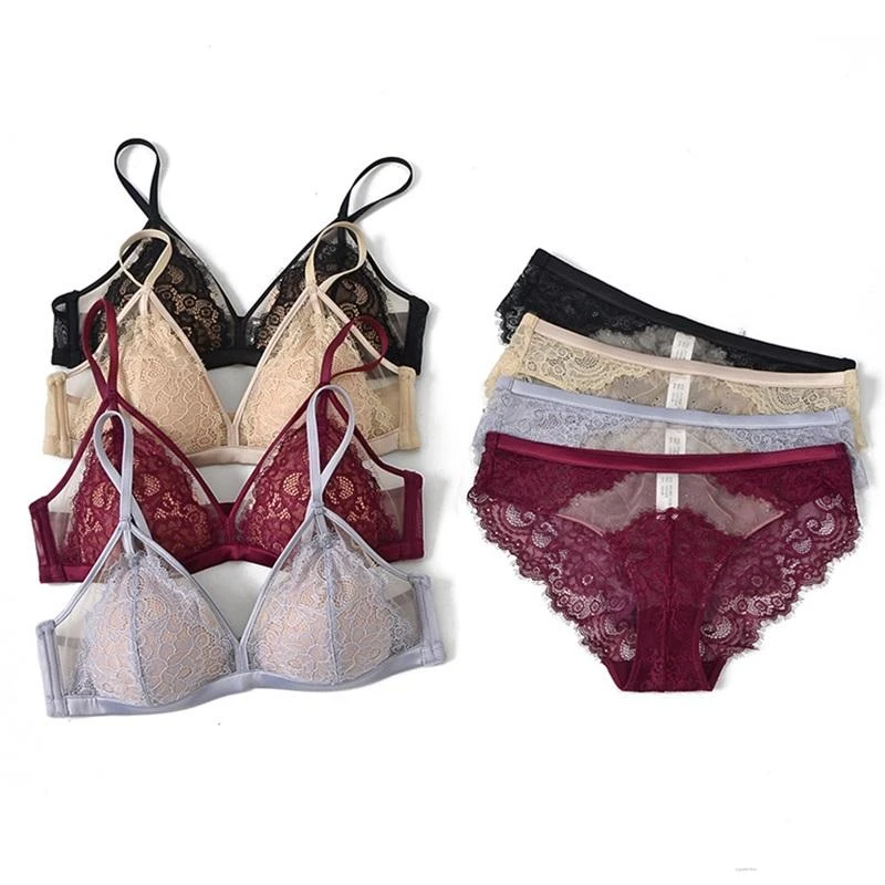 lace bra and panty sets Sexy French Non-Steel Ring Triangle Cup Lace Lingerie Set Thin Section Comfortable Breathable Gather Hollow Bras Underwear Women lace underwear set