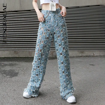 

SHENGPALAE Streetwear Wide Leg Pants For Women High Waist Ripped Hole Denim Trousers Female Fashion Clothing Summer 2020 1K43405