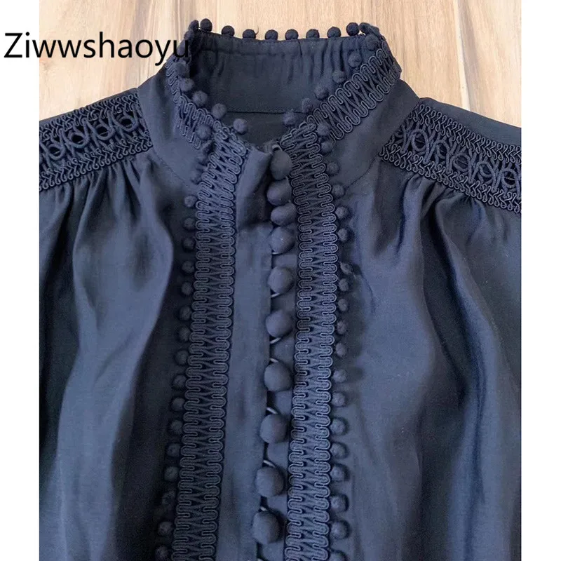 Ziwwshaoyu весна лето дизайнерская Высококачественная хлопковая черная однобортная блуза с рукавами-фонариками женская рубашка