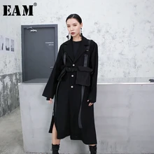 [EAM] свободное Черное длинное шерстяное пальто с разрезом на ремне, парка, новинка, длинный рукав, женская мода, Осень-зима, 1K688