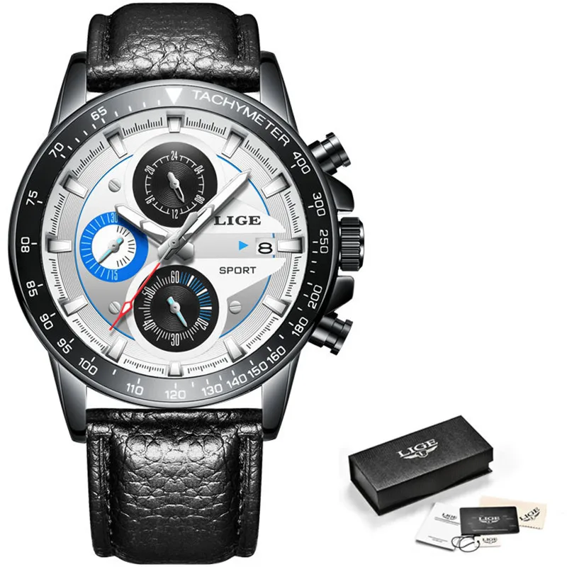 Leather Silver White LIGE Модные мужские наручные часы мужские креативные бизнес хронограф кварцевые часы из нержавеющей стали водонепроницаемые мужские часы Relogio Masculino - Цвет: Leather Silver White