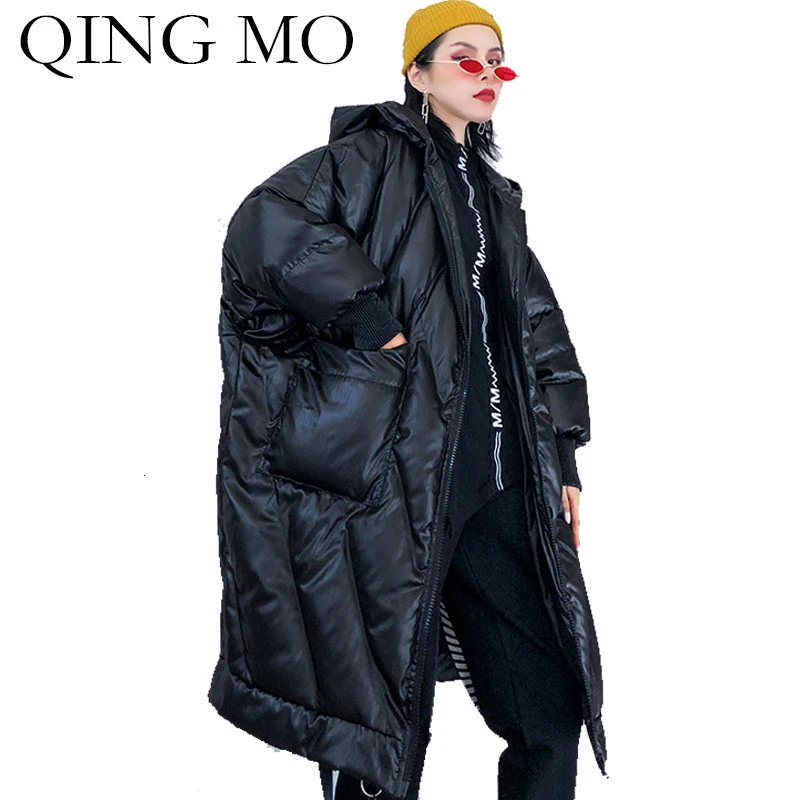 QING MO черные женские парки с капюшоном 2019 зимние толстые теплые уличная свободная