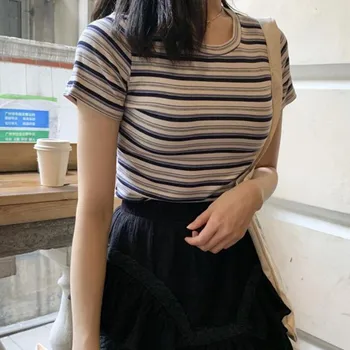 

Korean Style T-Shirt Tops Fashion Women O-Neck Short Sleeve Patchwork Striped Top Slim Short t shirt women 2020 футболка