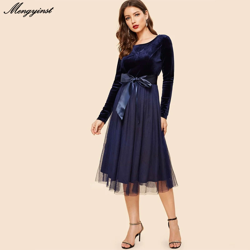 

Elegant Sexy Mesh Dress For Women 2020 Female Spring High Waist O-neck Long Sleeve Office Lady Sash Belt Party Bodycon Dresses