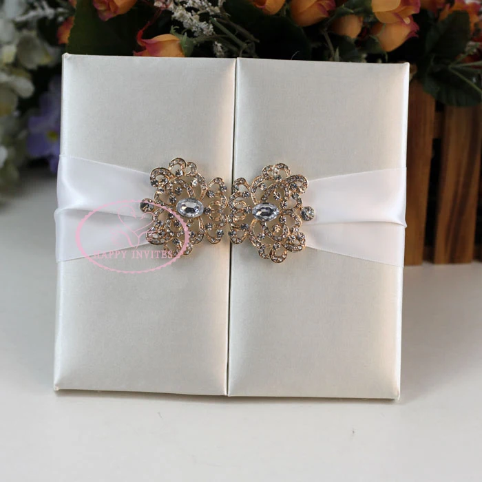 HI2003-03 Custom Beige Silk Folio Wedding Invitation with Gold Foiling Printing Factory Price More Colors Optional