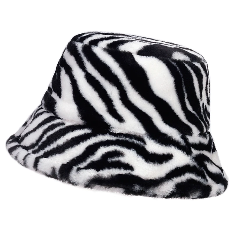 Women Fisherman Hat Ladies Winter Warm Fur Hats Girls Black White Striped panam Hats Zebra Printed Faux Fur Bucket Hats gorras