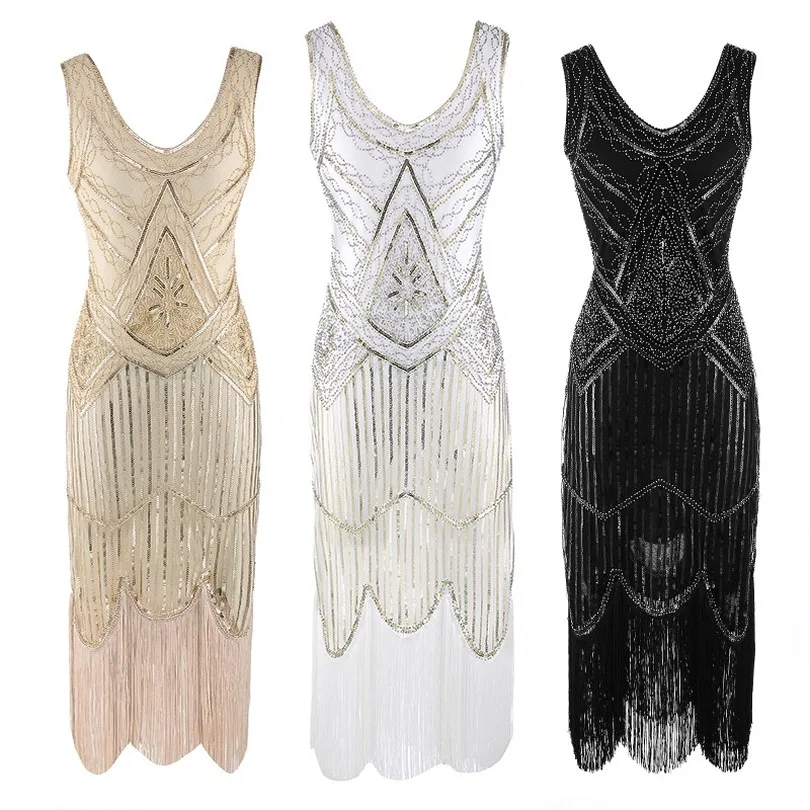 

2019 Newest Women's 1920s Vintage Sequin Full Fringed Deco Inspired Flapper Dress Roaring 20s Great Gatsby Dress Vestidos