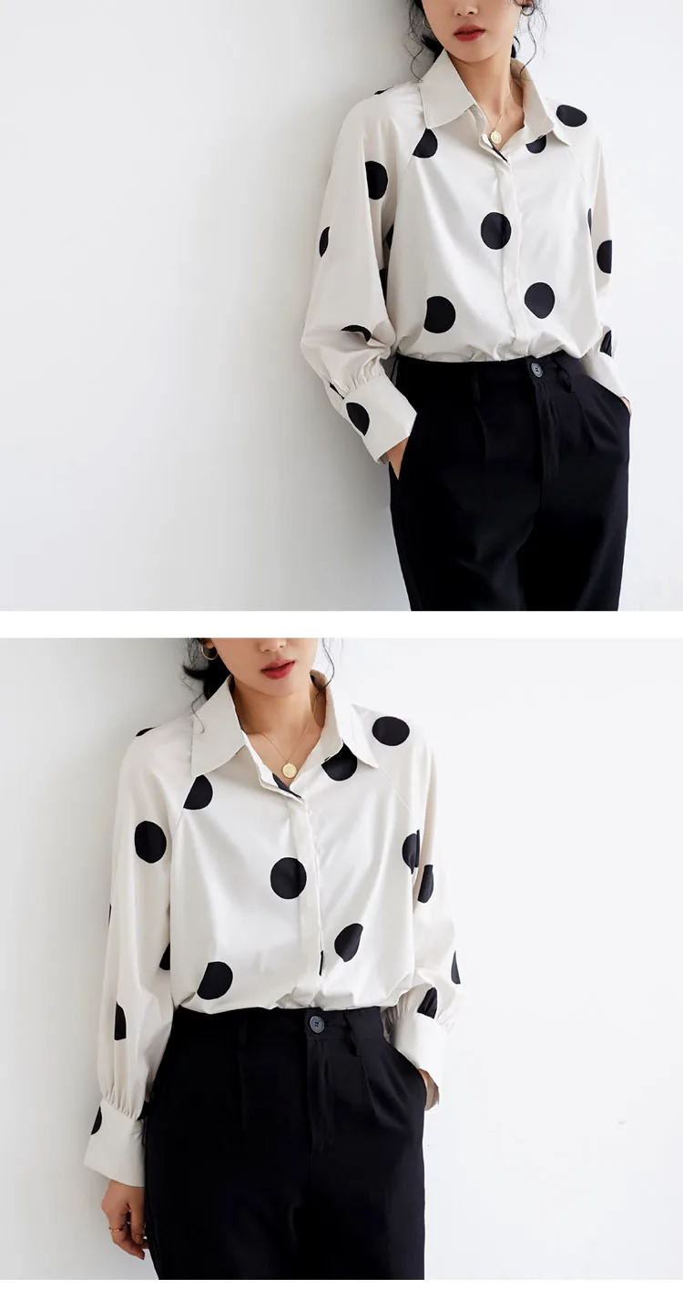 Blusas mujer de moda, женские топы с длинным рукавом, одноцветные белые рубашки на пуговицах, женский топ с v-образным вырезом и рукавом-фонариком в горошек harajuku 5267 50