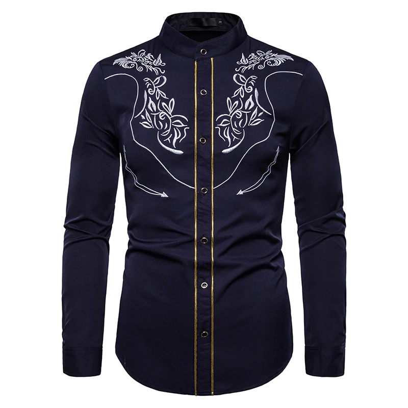 

UNPADUPE 2019 New Men's Western Cowboy Embroidered Shirt Casual Henry collar Button Down Shirts Slim Fit Long Sleeve Shirt