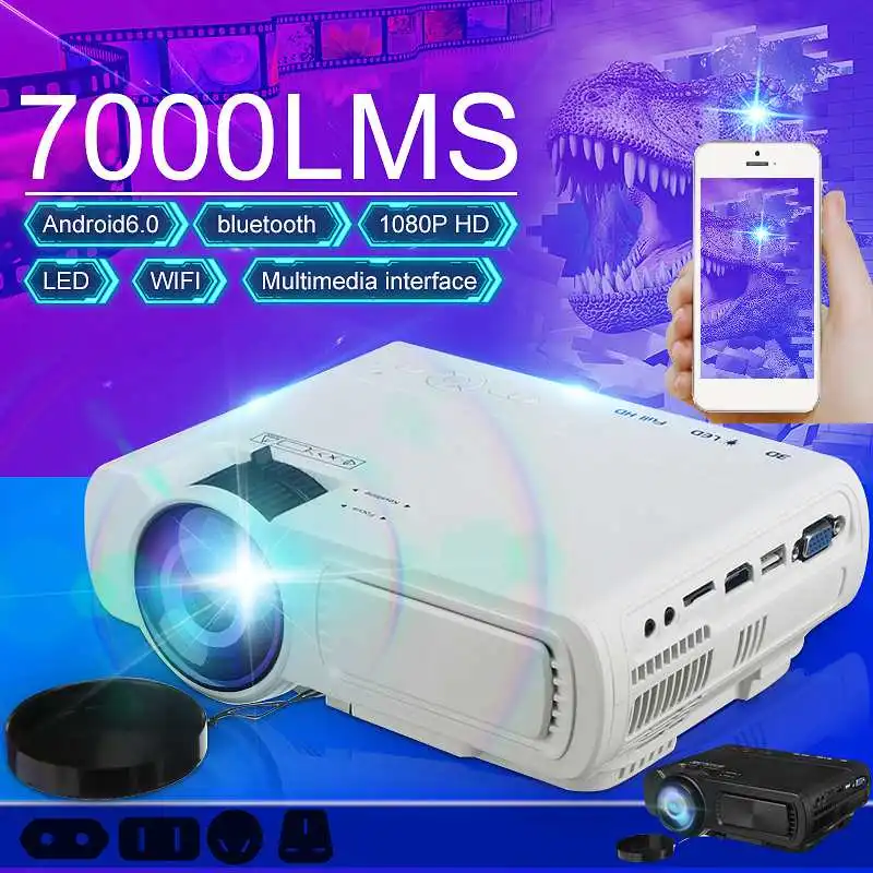 

7000 Lumens Projector Android 6.0.1 Wifi Wireless Display Home Theater Proyector Support Full HD 1080P 4K Video With HDMI/USB