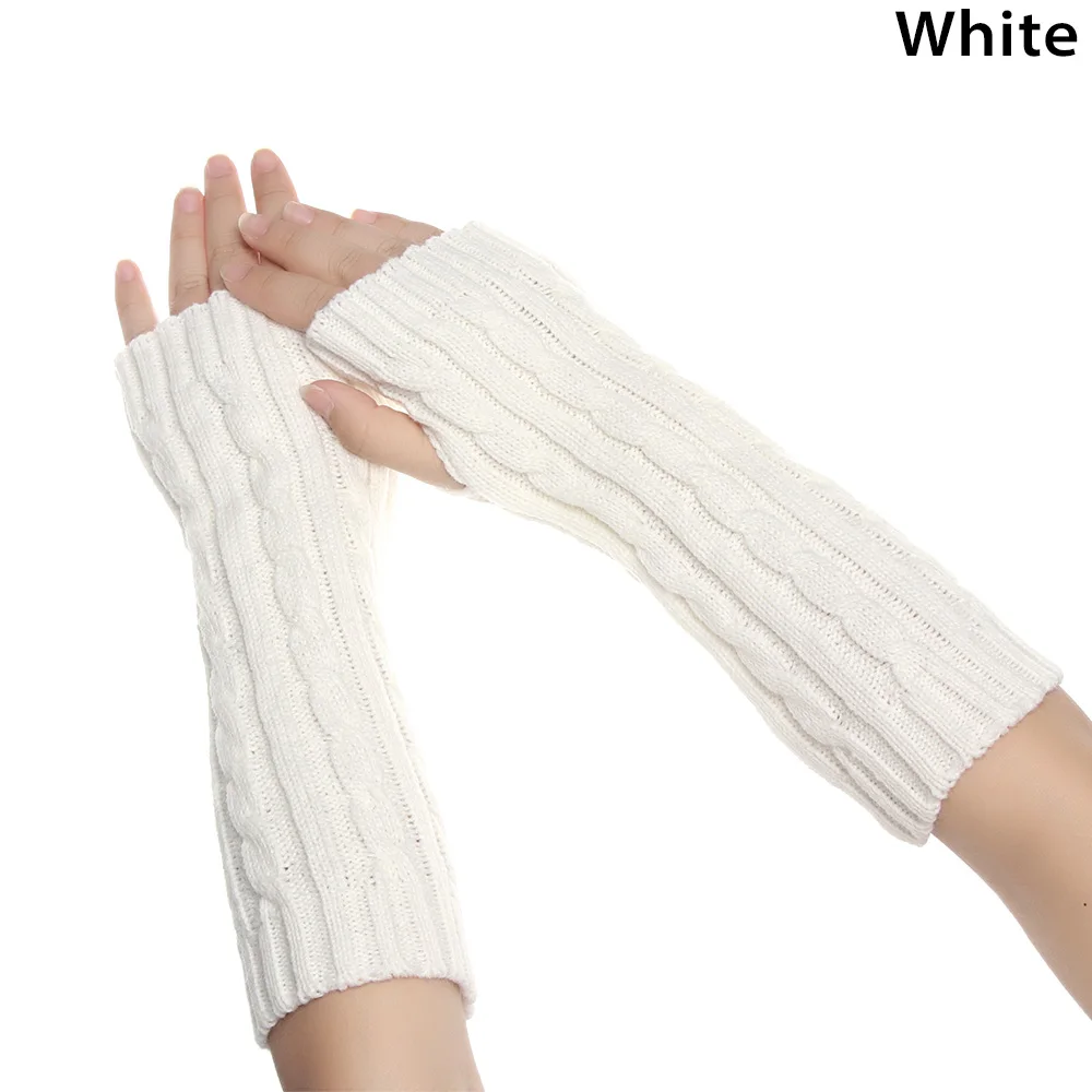 white Женские вязаные длинные перчатки, гетры для рук, теплые женские шерстяные перчатки, зимние осенние перчатки без пальцев, варежки - Color: white