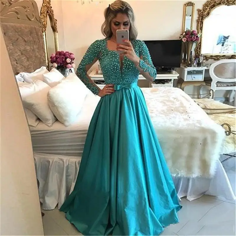Robe De Soiree арабское выпускное платье с длинными рукавами, элегантные бисером кружевное атласное платье трапециевидной формы vestido de fiesta largos de noche elegante - Цвет: as picture