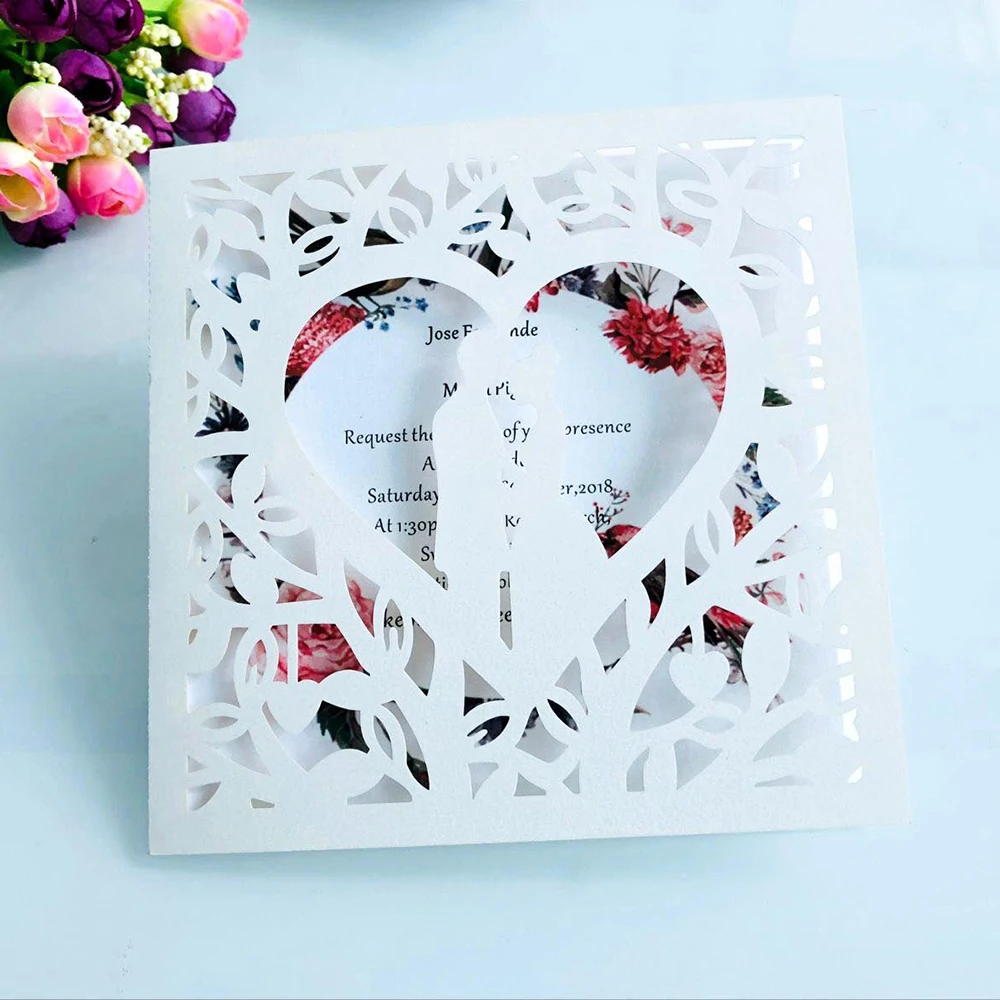 10 Sets Hollow Heart Couple Laser Cut Wedding Invitation Card With Envelopes Custom Party Decoratio - 4000275550737