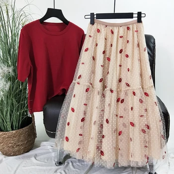 

New fleabane bitter fleabane gauze skirt red lip embroidery falbala cake skirts during