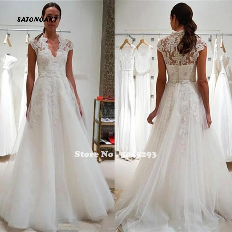 SATONOAKI  New Vintage A Line Wedding Dresses Cap Sleeve V Neck Appliques Covered Button Back Long Bridal Gowns robe de mariee