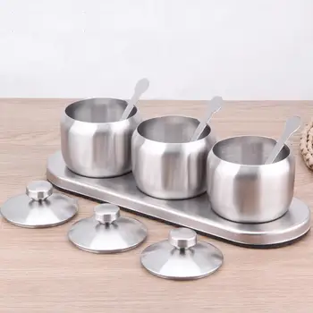 

Stainless Steel Spice Jar Set Spice Rack Condiment Cruet Bottle Salt Storage Organizers with 3 Spoons And Non-slip Base