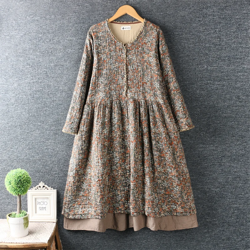 Autumn O-Neck Floral Print Thickened Female Dress Double Hem Long Sleeve Dress for Women Vestido Retro Mori Girl Dress Robe