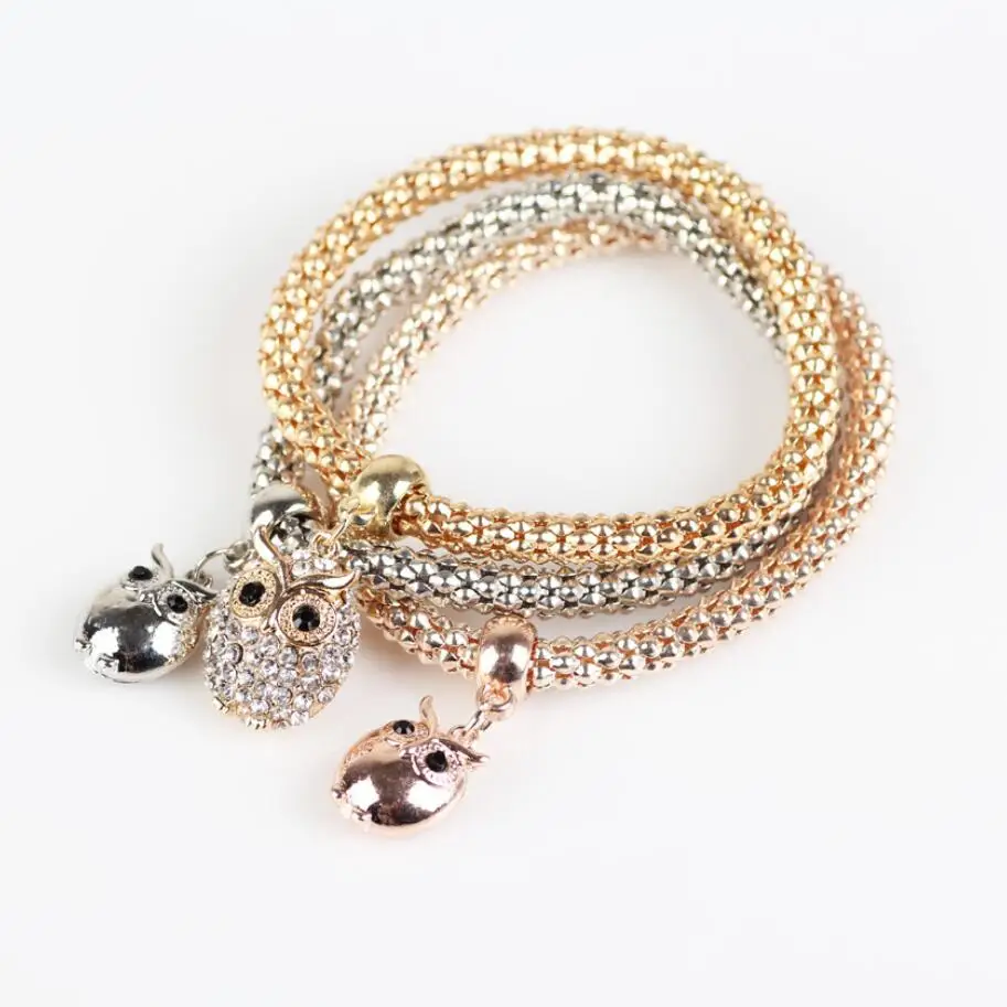 

2019 Hot 3Pcs/Set Owl Crystal Heart Bracelet & Bracelet Gold/Silverized Elephant Anchor Pendant Female Rhinestone Bracelet gift