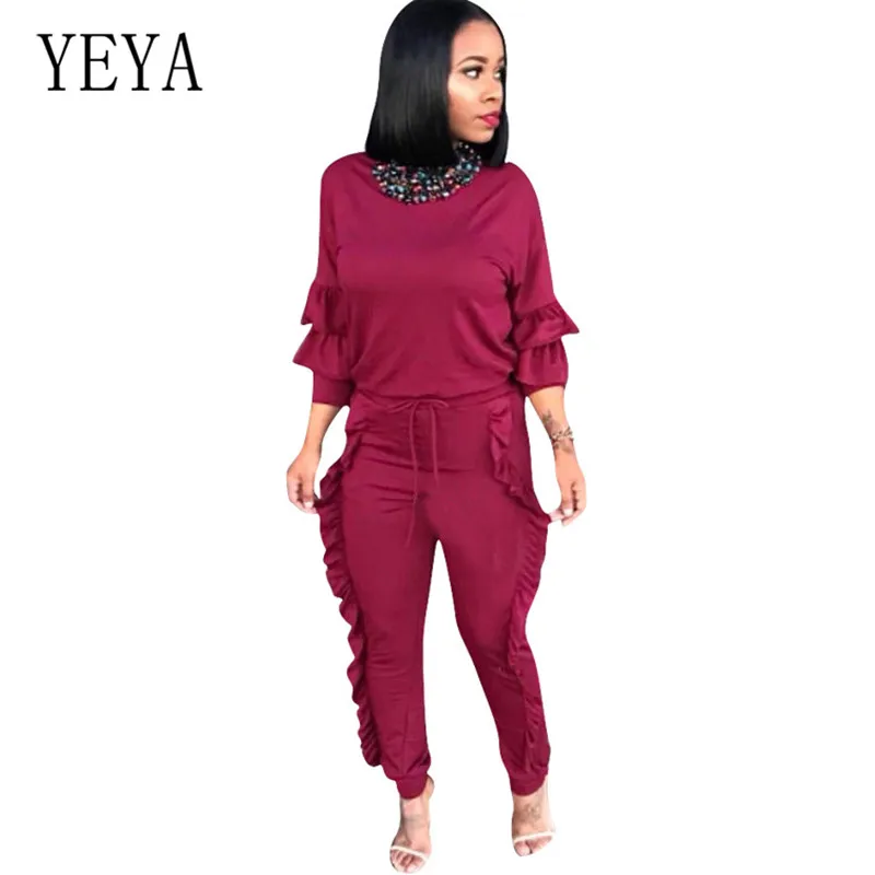 

YEYA Sexy Women Jumpsuits Autumn Ladies High Waisted Lace-up Playsuits Bohemian Ruffled Bodycon Bandage Long Sleeve Overalls