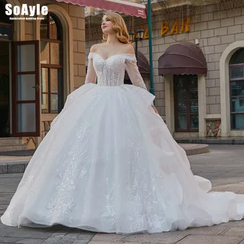 شراءSoAyle #29782 تصميم الأزياء الباردة الكتف الكرة ثوب المملكة العربية السعودية الزفاف فستان بأكمام طويلة فاخرة ثوب زفاف حجم كبير