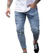 Laamei Мужские джинсы Рваные байкерские рваные джинсовая нашивка повседневные Прямые Панк Рок обтягивающие классические хип хоп синие джинсы мужские брюки