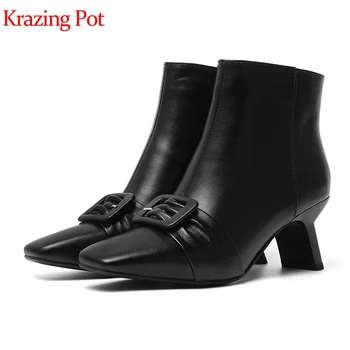

full grain leather 2019 square toe metal buckle fasteners elegant zipper runway model strange high heels Chelsea ankle boots L10
