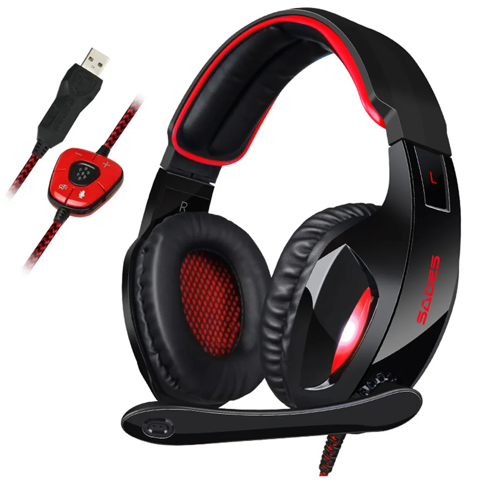 Красный SADES SA-902 USB 7,1 Игровые наушники с микрофоном USB Профессиональный стерео гарнитура с светодиодный Шум аннулирование - Цвет: Красный