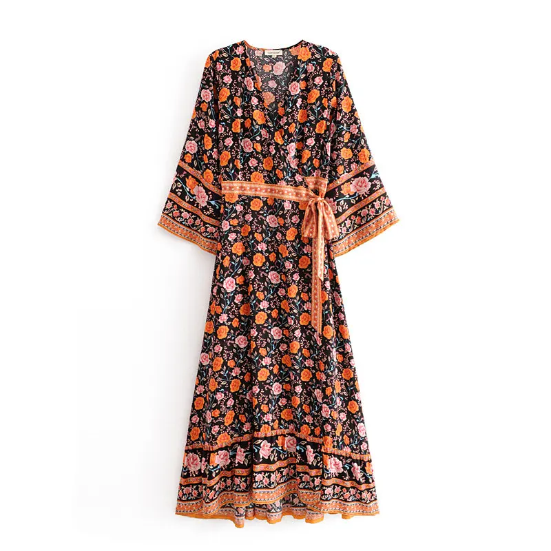 Black Chu Sau beauty Boho шикарное платье с розовым цветочным принтом, платье с запахом, женское праздничное платье с бантом и поясом, миди платья, женская модная пляжная одежда - Цвет: Black