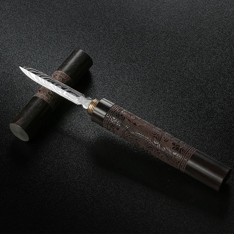 Tea needle set Damascus pattern steel tea needle tea cone stainless steel wood handle set hand-carved kung fu knife