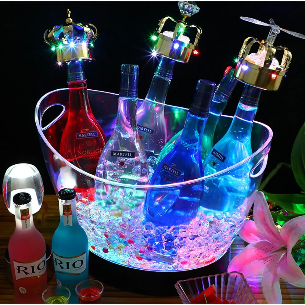 8L Transparent LED Luminous Ice Cube Storage Buckets Barrel Shaped Bar Beer  Bottle Cooler Container Light Up Champagne Wine Hold