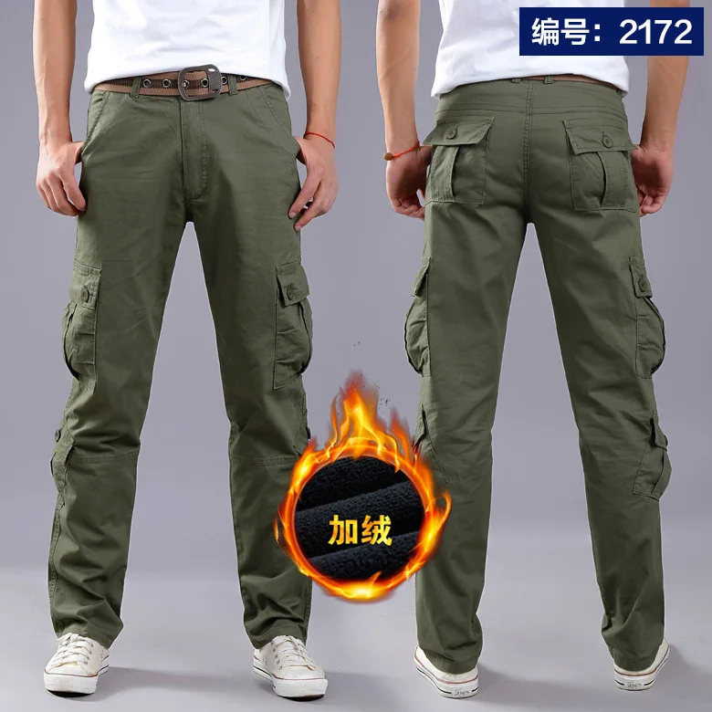 Multi-pockets Winter Mens Warm Windproof Overalls Outdoor Riding Training Climbing Sport Fleece Breathable Thermal Cargo Trouser