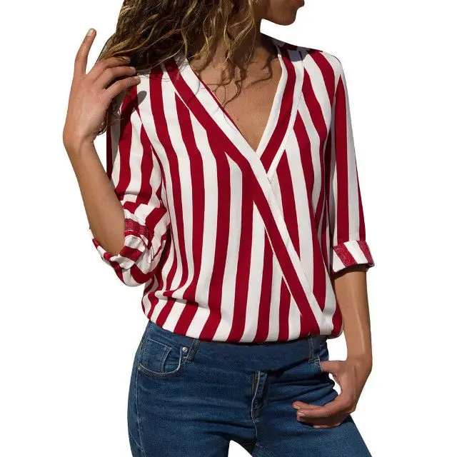 Women Striped Blouse Shirt Long Sleeve Blouse V-neck Shirts Casual Tops Blouse et Chemisier Femme Blusas Mujer de Moda 2019 ladies shirts Blouses & Shirts