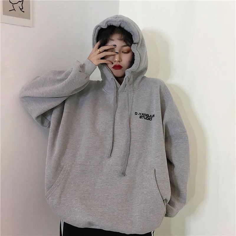 

Sweatshirts Women Simple Letter Pockets Students Womens All-match Retro Casual Ladies Pullover Loose Oversized Hoodie Streetwear