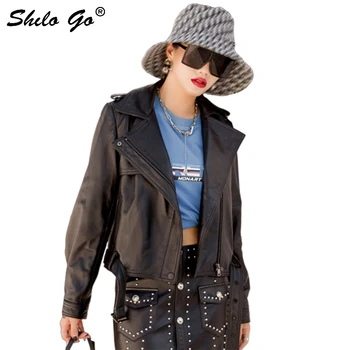 

Genuine Leather Jacket Highstreet Moto Peter Pan Collar Moto Bishop Sleeve Notched Neck Zip Sheepskin Coat Women Casual Outwear