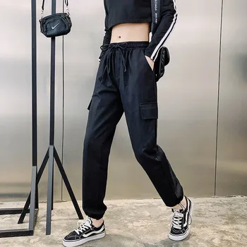 

DONAMOL Plus Size Vintage black cargo pants women pocket loose baggy harem elastic pant Embroidery decoration Leisure Pants