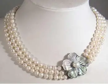 

Jewelry Pearl Necklace 3 Rows 7-8mm White Akoya Pearl Necklace Shell Clasp