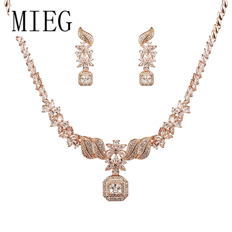 

MIEG Brand Luxury Cubic Zirconia Crystal Necklace and Earring Bridal Wedding Jewelry Set in Gold / Silver Color Plated
