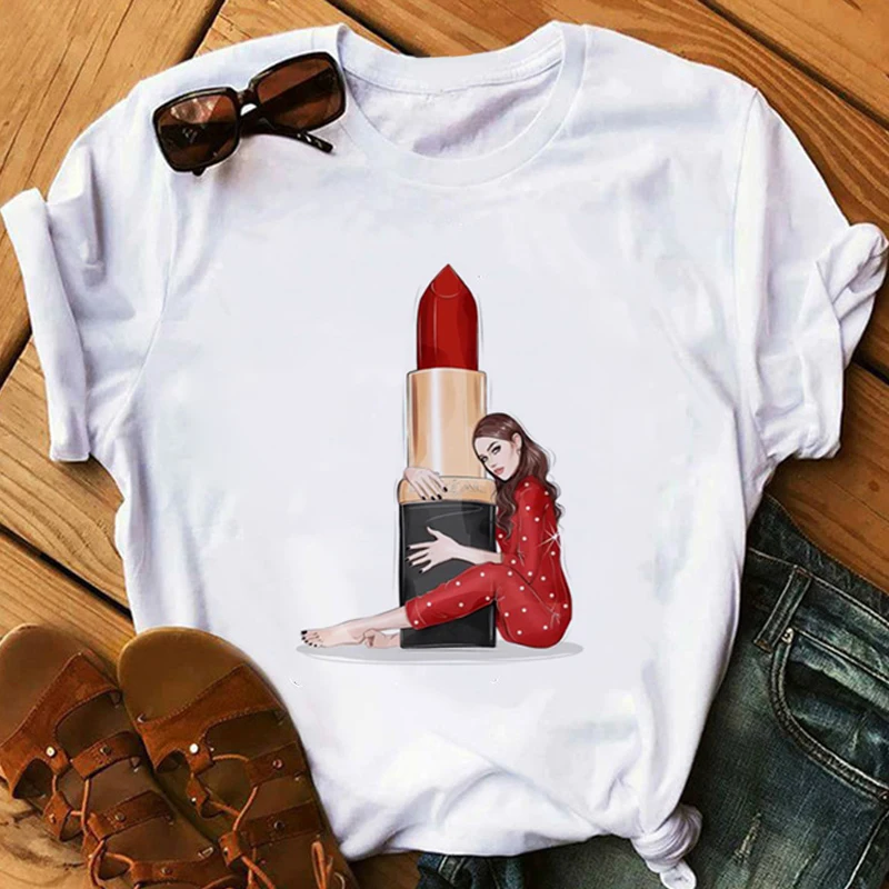 

Red Lipstick T Shirt Women Perfumer Floral basic custom printed white T-shirts Girl Summer Lady Casual Sexy Lip T-shirt Gift