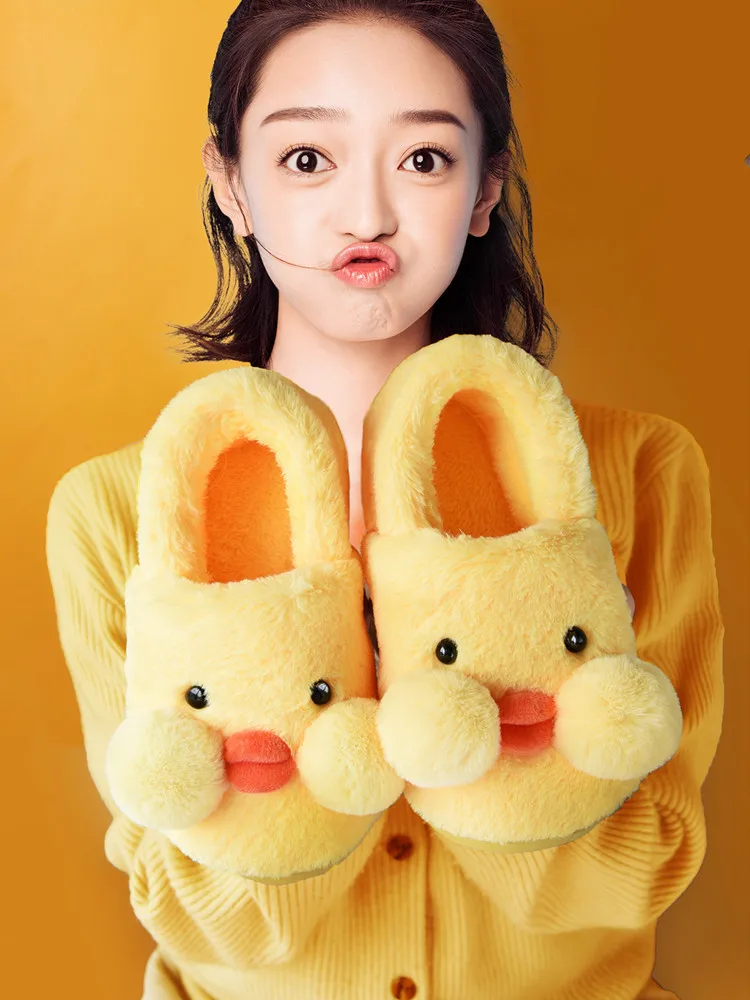 Cotton Plush Home Slippers Women's Man Winter Over Heel Home Thick Bottom Plush Indoor Lovely Cartoon Animal Anti Slip Slipper