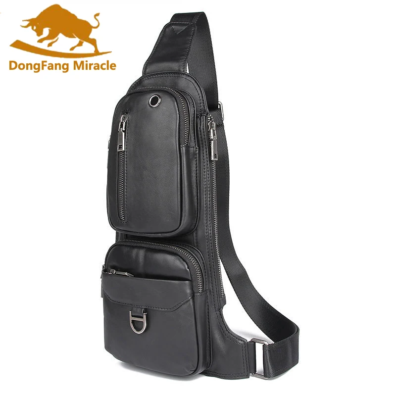 

Brand Chest Bag Men Genuine Leather Chest Pack USB Backbag With Headphone Hole Functional Travel Organizer Male Sling Bag