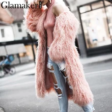 Glamaker из искусственного меха, теплое модное пальто, женское сексуальное длинное розовое плюшевое меховое пальто, Осень-зима, Свободные Плюшевые вечерние пальто клубного размера плюс