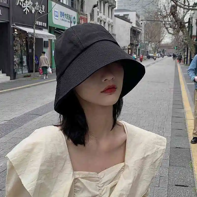 Summer Spring Black Women Bucket Hat Casual Cotton Solid Color